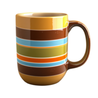 Colorful ceramic mug with stripes on a table, cut out transparent png