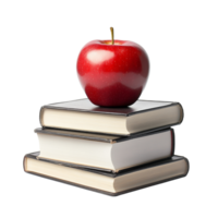 A red apple resting on a stack of three books, cut out transparent png