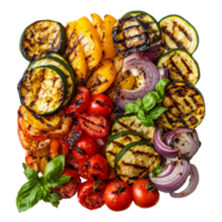 Grilled vegetable medley with fresh basil leaves, cut out transparent png