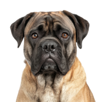 Calm bullmastiff dog posing for a portrait indoors, cut out transparent png