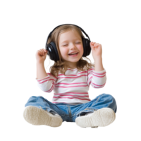 Child joyfully sits on floor, enjoying music, cut out transparent png