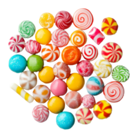 Colorful assortment of candies on a white surface, cut out transparent png