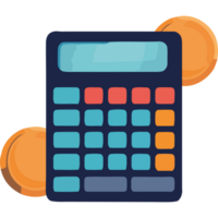 A calculator and coins on a black background png