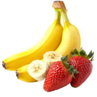 Fresh bananas and strawberries with sliced fruit, cut out transparent png