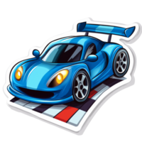 Blue racing car on a checkered track design, cut out transparent png