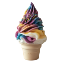 Colorful soft serve ice cream cone in summer sun, cut out transparent png