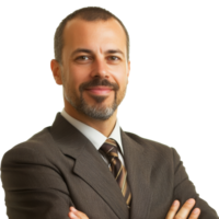 Confident businessman in a suit, arms crossed, cut out transparent png