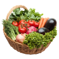 Fresh vegetables in a woven basket from the market, cut out transparent png