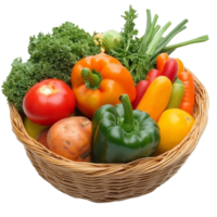 Fresh veggies in a woven basket, cut out transparent png