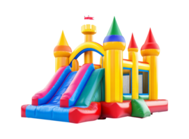 Fun colorful inflatable castle with slides, cut out transparent png