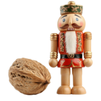 Nutcracker stands beside a walnut on a table, cut out transparent png
