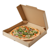 Freshly made vegetable pizza in an open box isolated transparent background png