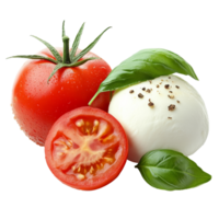 Tomato, mozzarella, basil on white isolated transparent background png