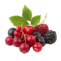 Fresh mixed berries on display with green leaves isolated transparent background png