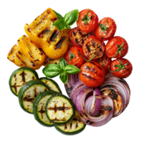 Grilled vegetables on a plate with fresh basil isolated transparent png