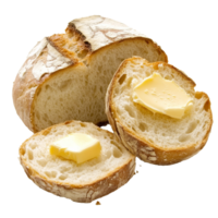 Freshly baked bread with butter on a rustic table isolated transparent png