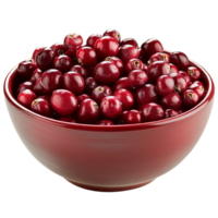 Fresh cranberries in a deep red bowl on a table isolated transparent png