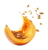 Pumpkin cut in half with seeds flying in the air isolated transparent png