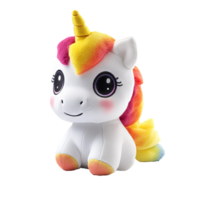 Colorful plush unicorn toy with rainbow mane isolated transparent png