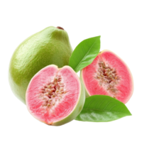 Fresh pink guava with green skin and leaves isolated transparent png