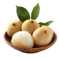 Fresh longan and lychee fruits in a wooden bowl isolated transparent png