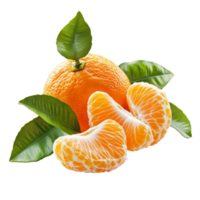 Fresh oranges and segments with green leaves isolated transparent png