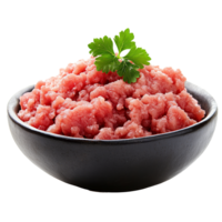 Fresh ground meat in a bowl with parsley garnish isolated transparent png
