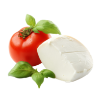 Fresh mozzarella and ripe tomato with basil leaves isolated transparent png