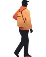 A man in a backpack walking on a black background png