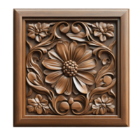 Intricate wooden floral carving in detailed frame isolated transparent png