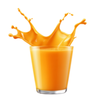 Fresh orange juice splashing from a glass in June isolated transparent png