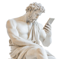Classical statue of philosopher using a smartphone isolated transparent png