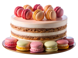 Elegant layer cake adorned with colorful macarons transparent png