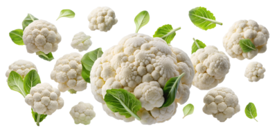 Fresh cauliflower with leaves floating in mid air transparent png