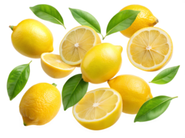 Lemons with green leaves on white transparent png