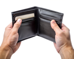 A person holding an open black wallet with cards transparent png