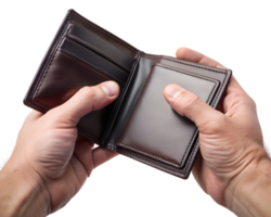 Man holding an empty brown leather wallet indoors transparent png