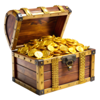 Treasure chest filled with gold coins on display transparent png
