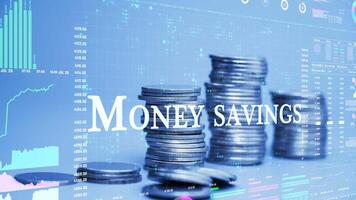 money savings text on coins stack increase with business data hologram. video
