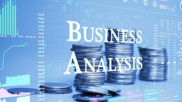 business analysis text on coins stack increase with business data hologram. video