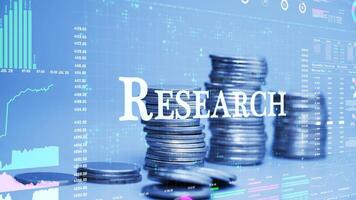 research text on coins stack increase with business data hologram. video