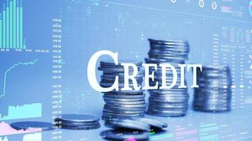 credit text on coins stack increase with business data hologram. video