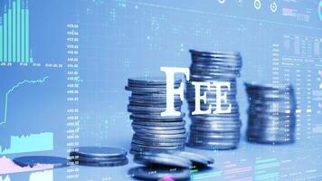 fee text on coins stack increase with business data hologram. video