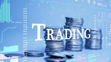 trading text on coins stack increase with business data hologram. video