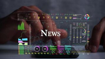 A men using AI smart phone for analyze a stock market exchange. online business text on business data number futuristic hologram background. video