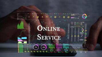 A men using AI smart phone for analyze a stock market exchange. online service text on business data number futuristic hologram background. video