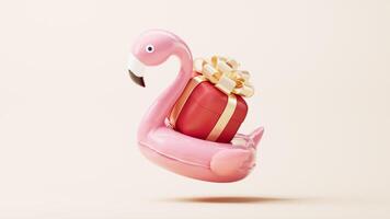 Loop animation of flamingo balloon swim ring and gift box, 3d rendering. video