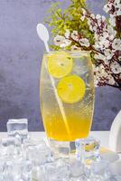 natural Citrus Sparkling Drink with Ice Cubes and Lime Slices photo