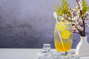 Frosty Refreshing Citrus Sparkling Drink with Ice Cubes and Lime Slices photo
