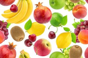 Seamless pattern of different fruits and berries. Falling tropical fruits isolated on white background photo